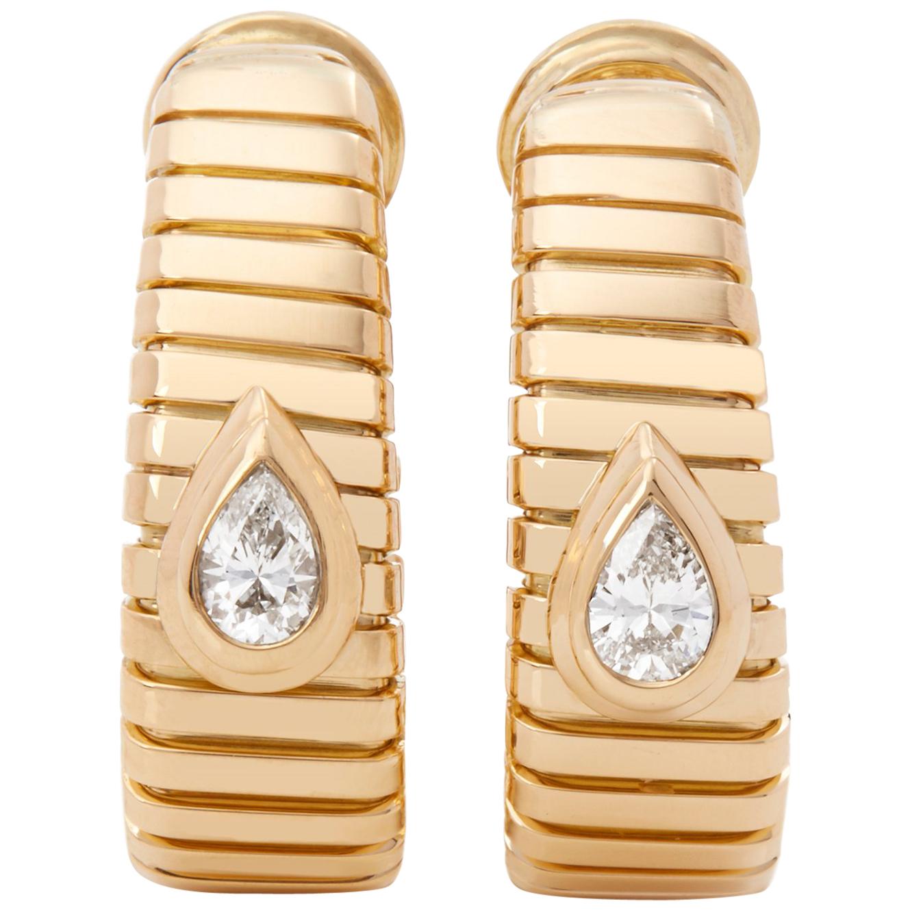 Bulgari 18 Karat Yellow Gold Pear Cut Diamond Tubogas Earrings