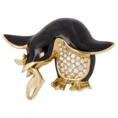 Garrard 18 Karat Yellow Gold Enamel & Diamond Vintage Penguin Brooch