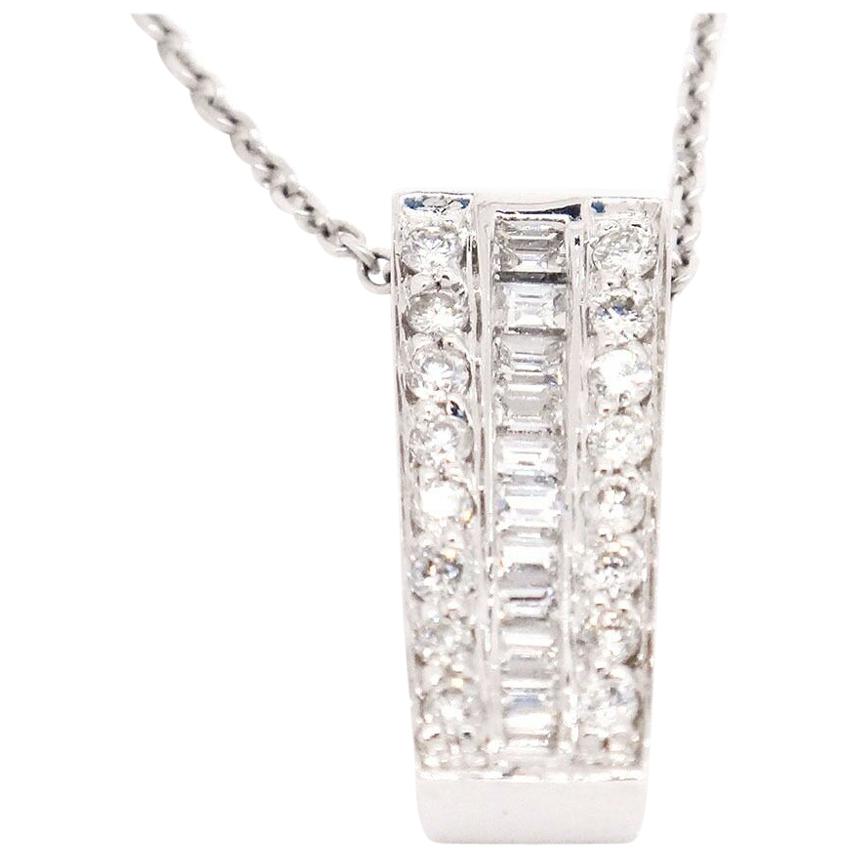 Bold 14 Karat White Gold SI1, G, 0.43 Carat Diamond Bar Pendant Sliding Necklace For Sale