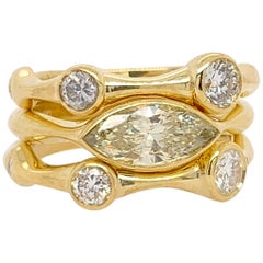 Ensemble de bague cocktail empilable en or jaune avec diamants ronds et marquises naturelles de 1,42 carat