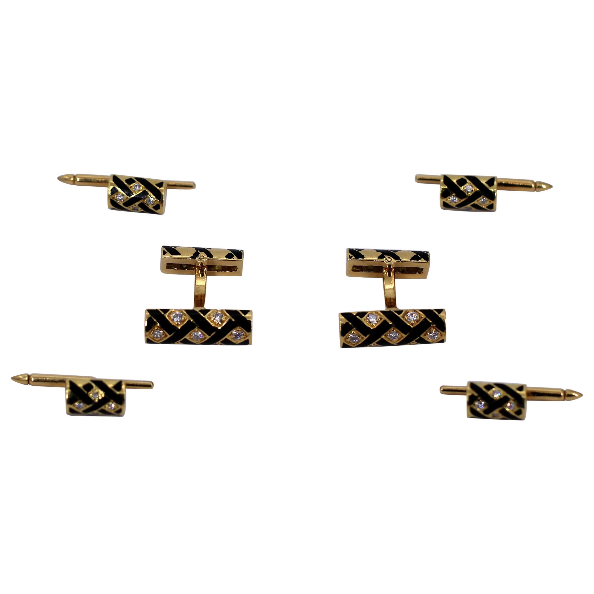 Gold Cufflink and Four Button Stud Set with Black Enamel and Diamonds