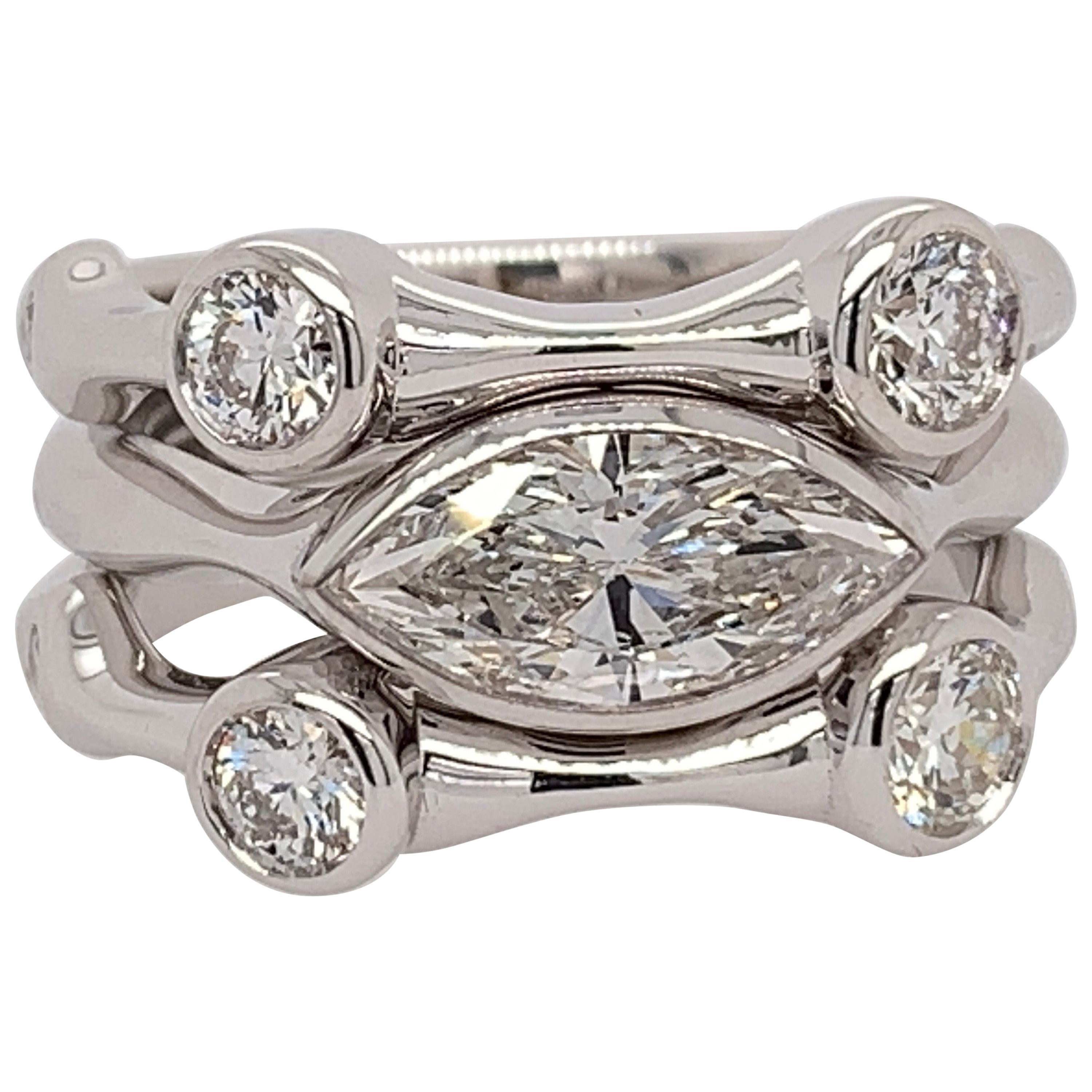 White Gold 1.63 Carat Natural Colorless Marquise & Round Diamond Stack Ring Set