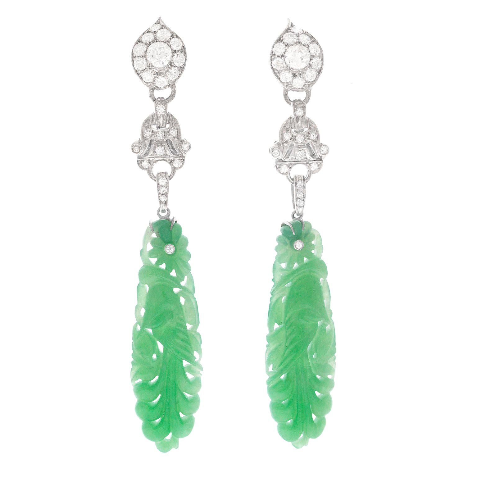 Lawrence Jeffrey Deco Inspired Jade and Diamond set Platinum Earrings