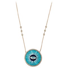 Pave Diamond and Turquoise Inlay Eye Burst Necklace