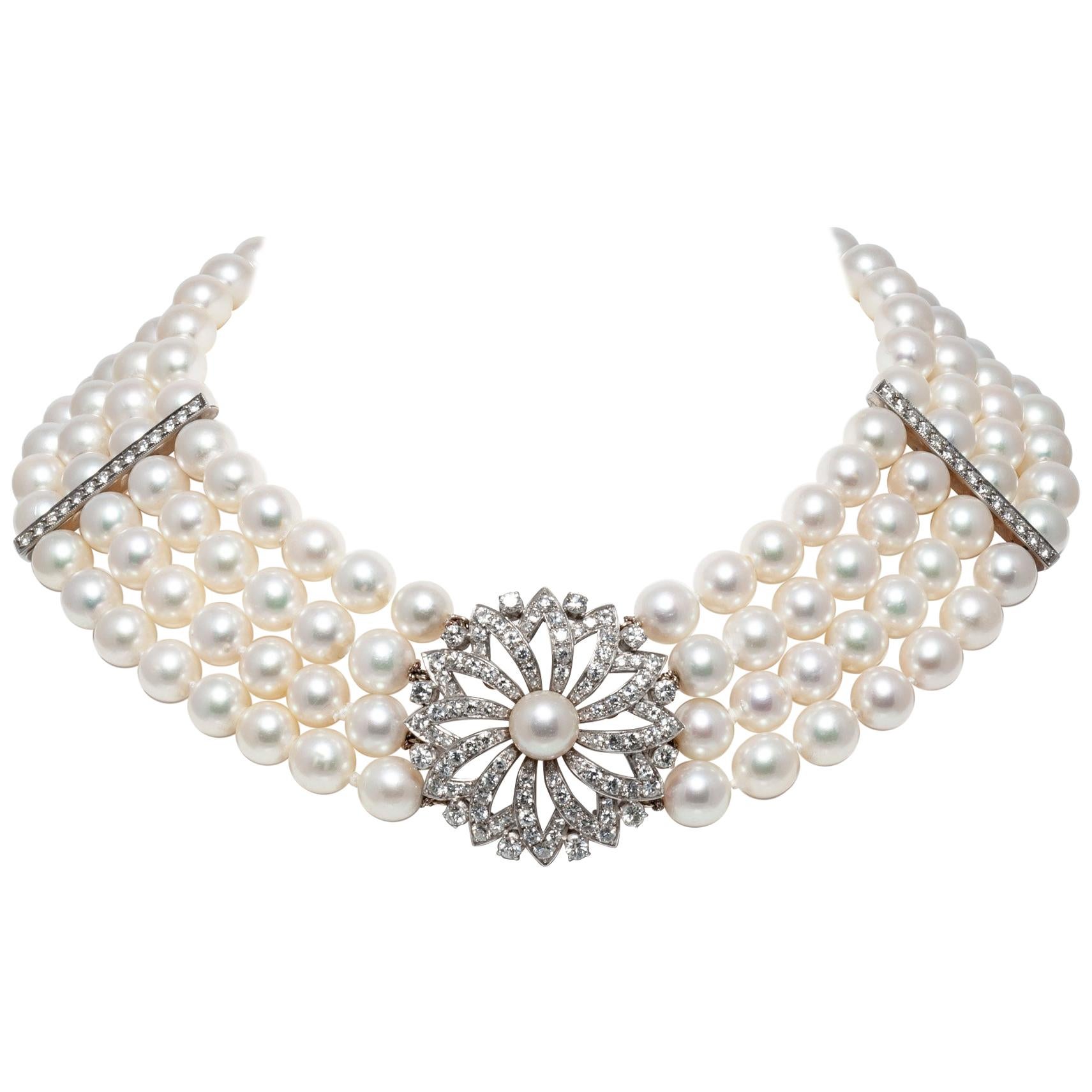 Perlen-Zuchtkragen-Halskette Perlen und Diamanten im Angebot