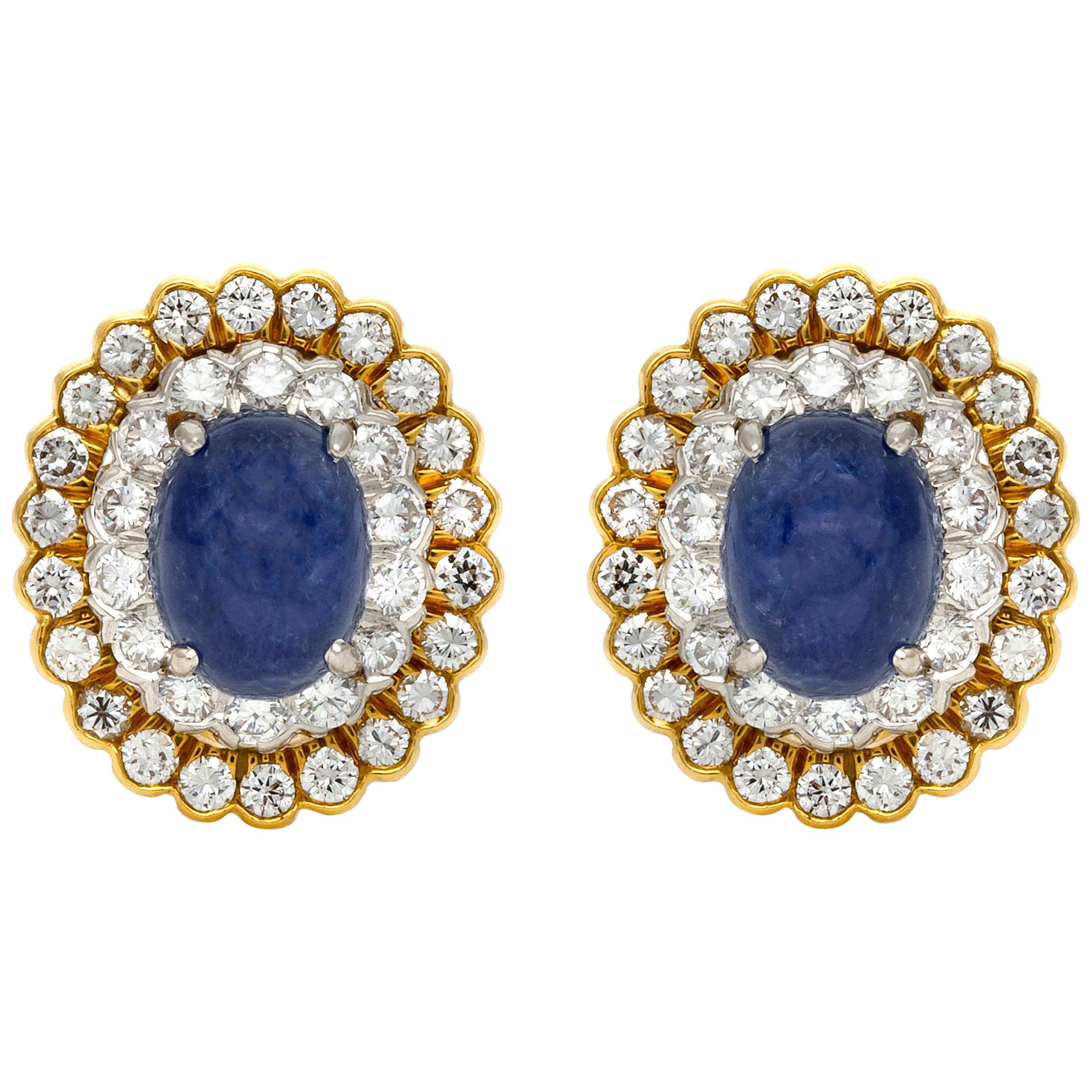 David Webb 10.00 Carat Cabochon Sapphire Earrings with Diamonds For Sale
