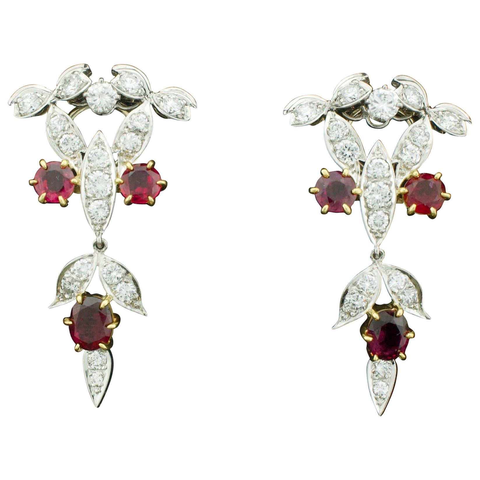 Dramatic Ruby and Diamond Dangling Earrings circa 1940s in Platinum and 18 Karat