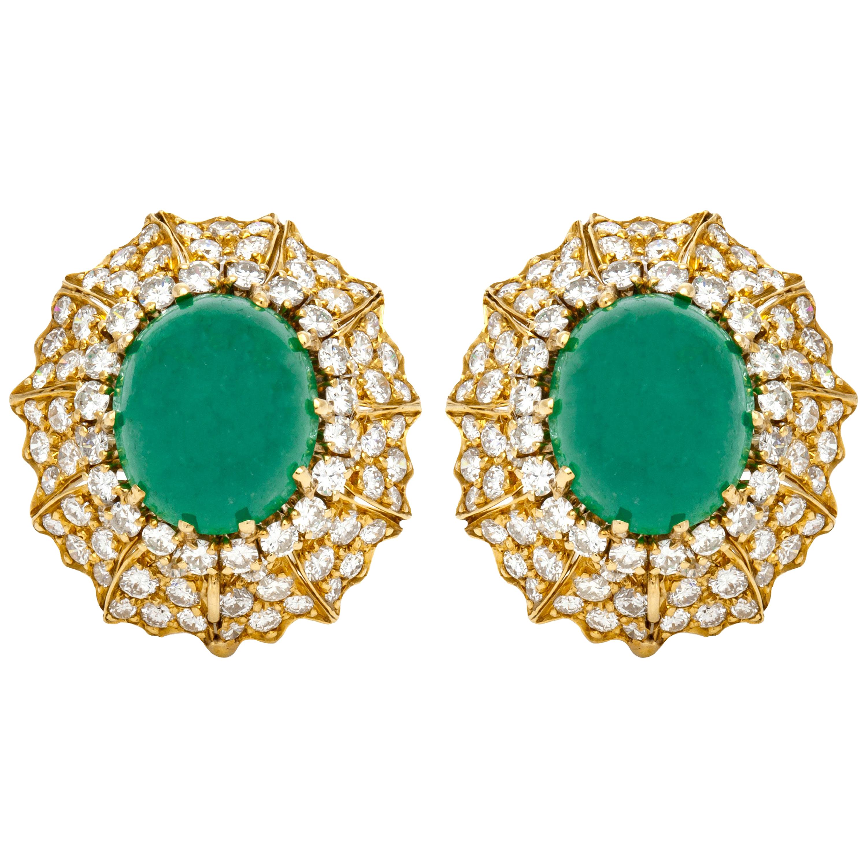 David Webb 18.00 Carat Cabochon Emeralds and Diamonds Earrings