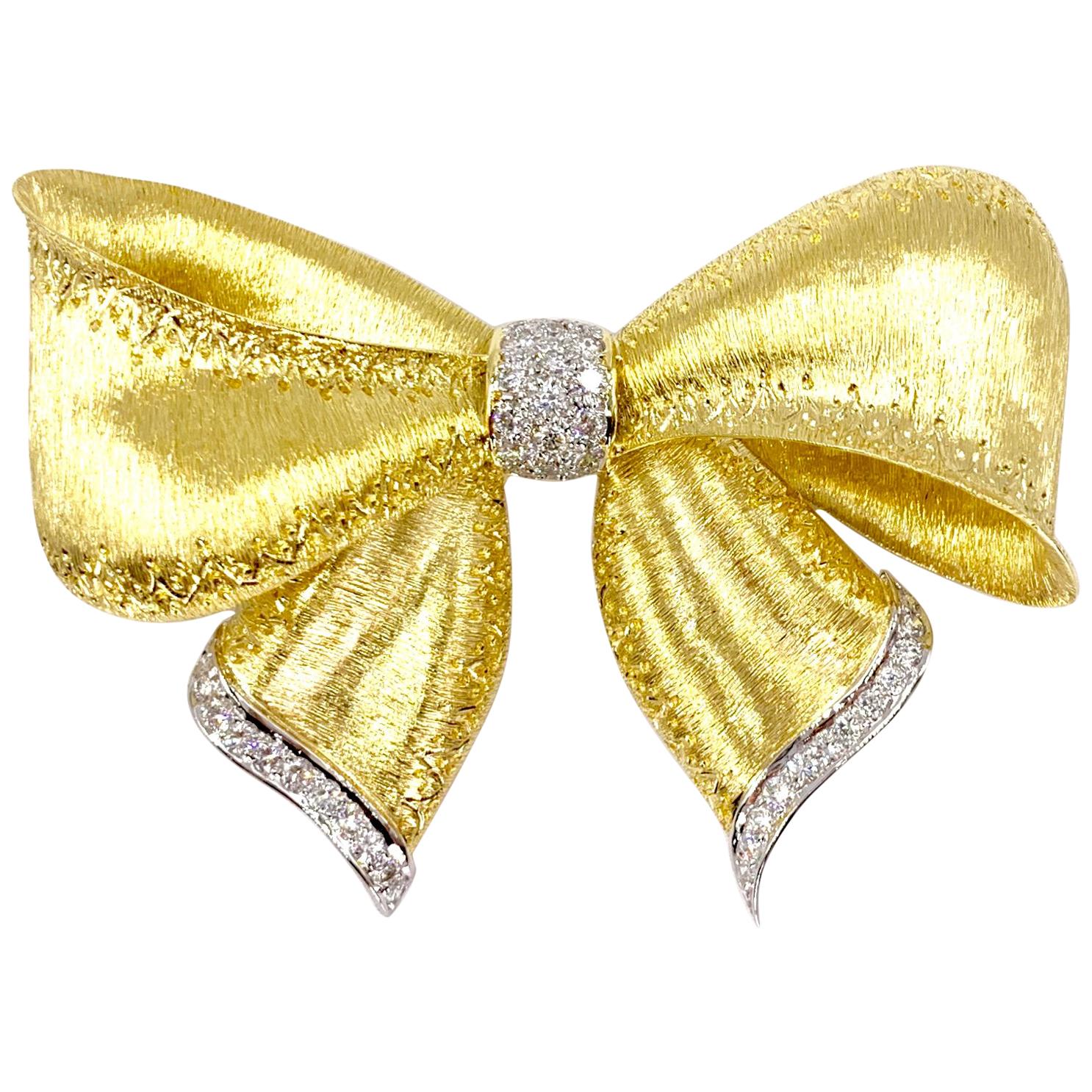 Large 18 Karat Gold and Diamond Bow Brooch