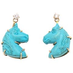 Turquoise Diamond Yellow Gold Horse Head Equestrian Drop Earrings