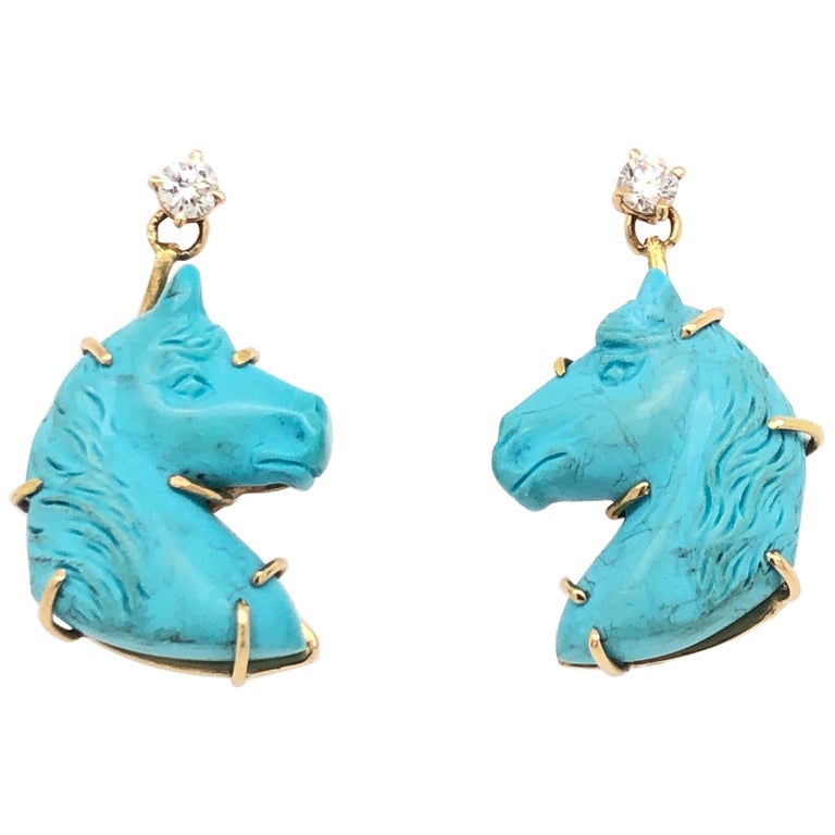Turquoise Diamond Yellow Gold Horse Head Equestrian Drop Earrings at ...