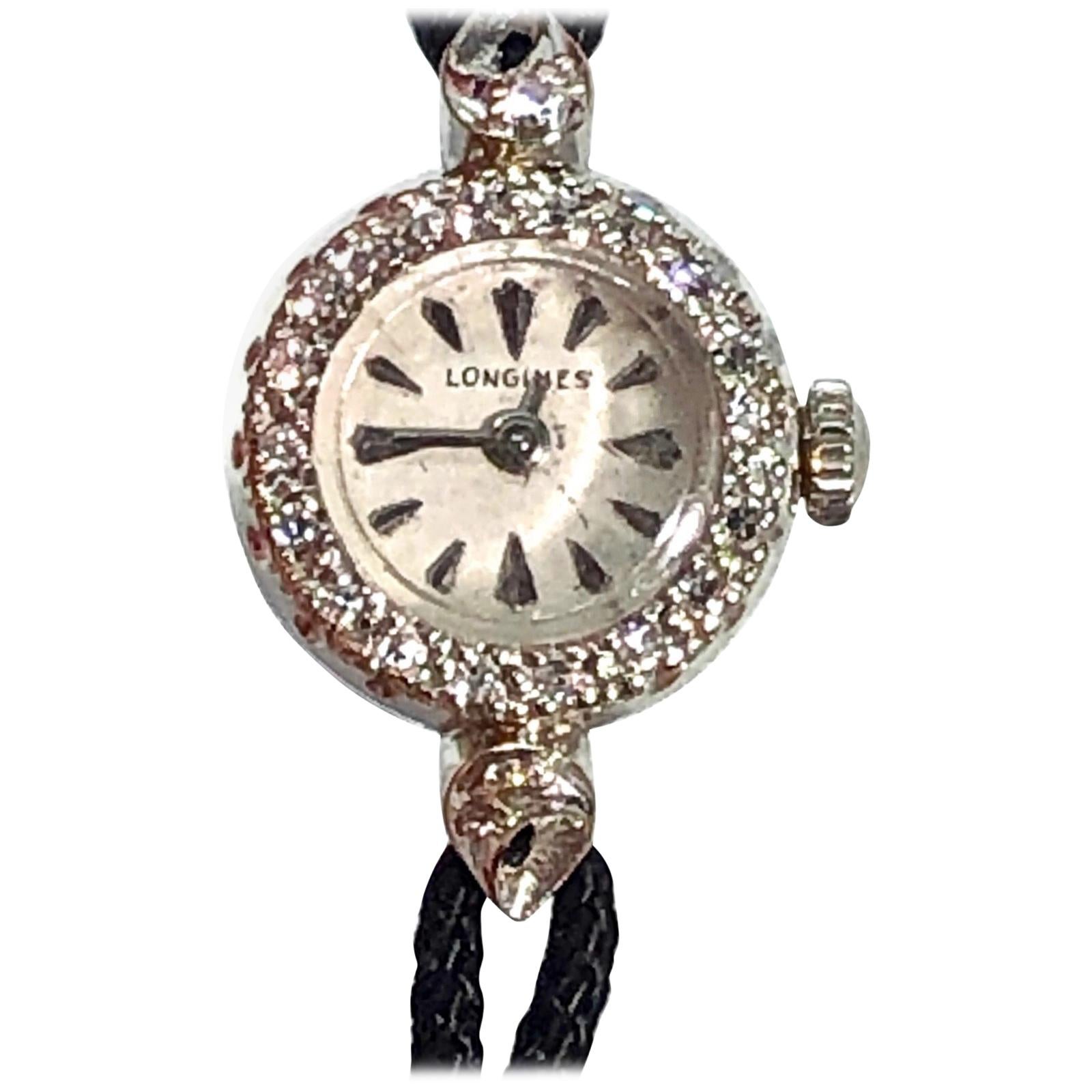Vintage 14 Karat White Gold and Diamond Longines Ladies Mechanical Watch For Sale