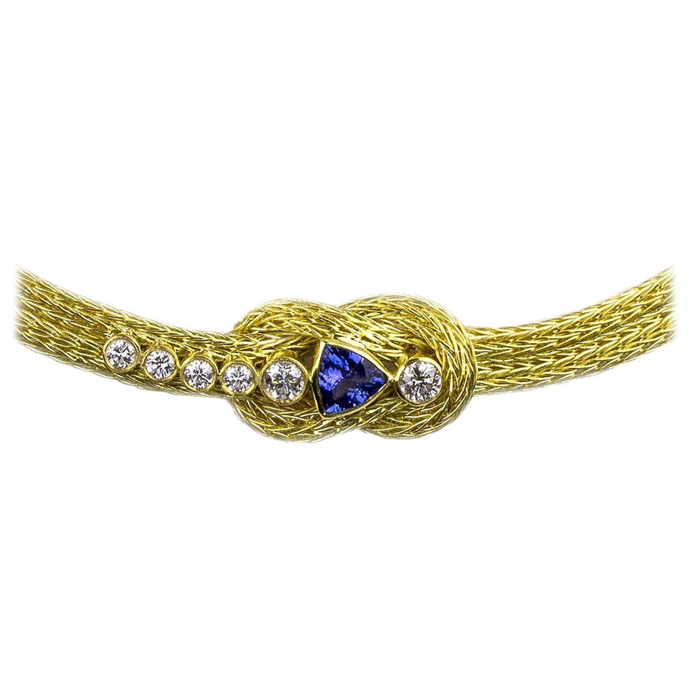 Georgios Collections 18 Karat Yellow Gold Diamond Tanzanite Knot Rope Necklace  For Sale