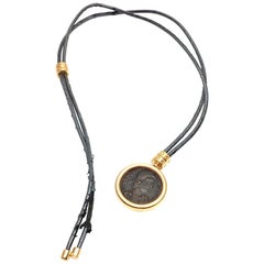 Bulgari Monete Coin Black Lace Yellow Gold Pendant Necklace