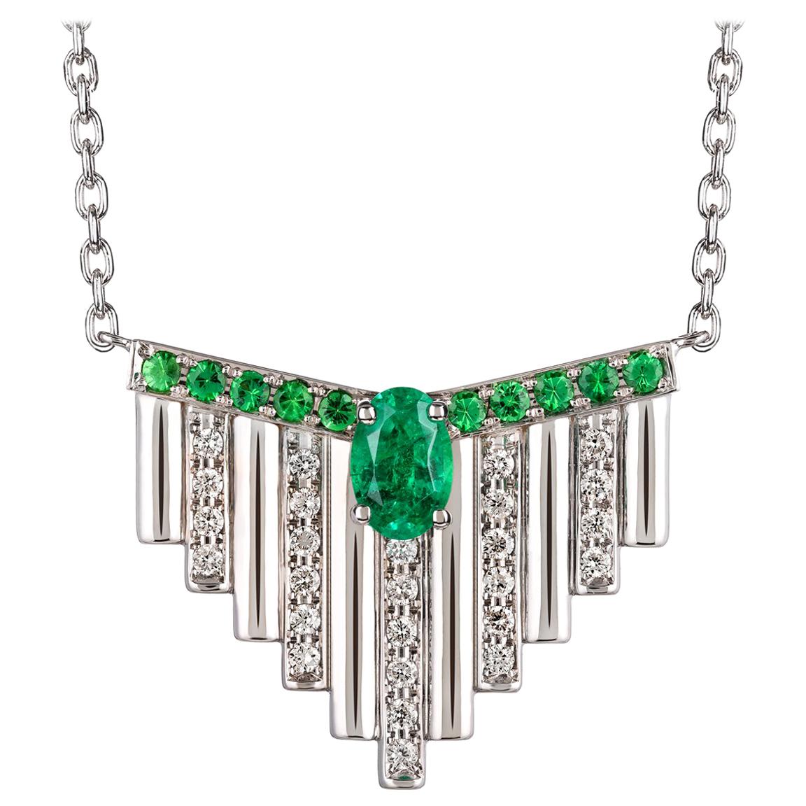 Monseo White Gold Emerald and Diamonds Art Deco Pendant Necklace For Sale
