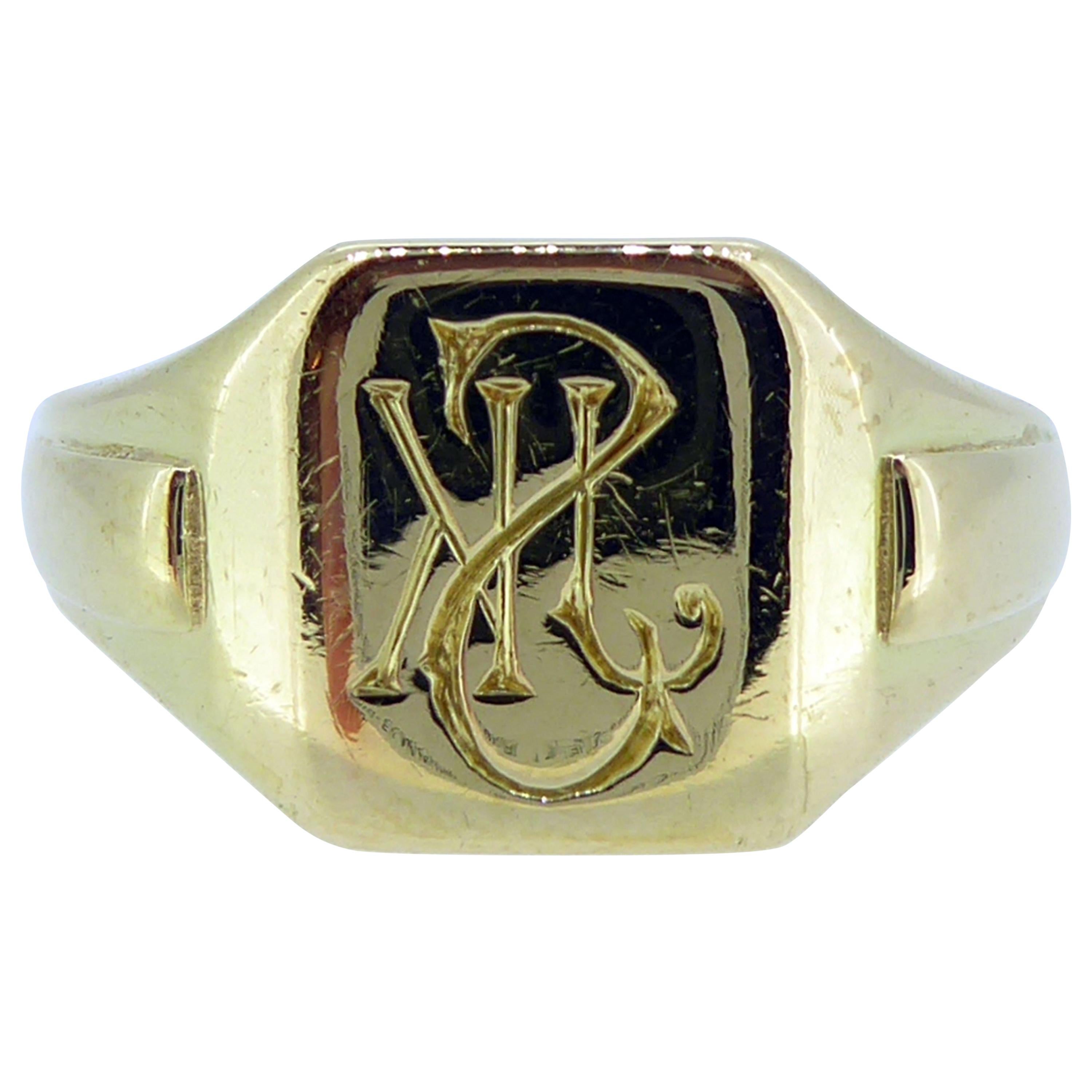 Vintage Gold Signet Ring, Initialled Engraved Seal, 18 Carat, Birmingham 1935