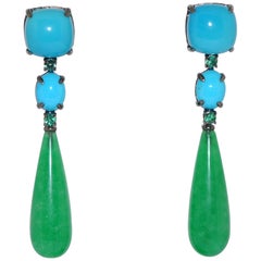 Jades, Turquoises and Emeralds Black Gold Chandelier Earrings
