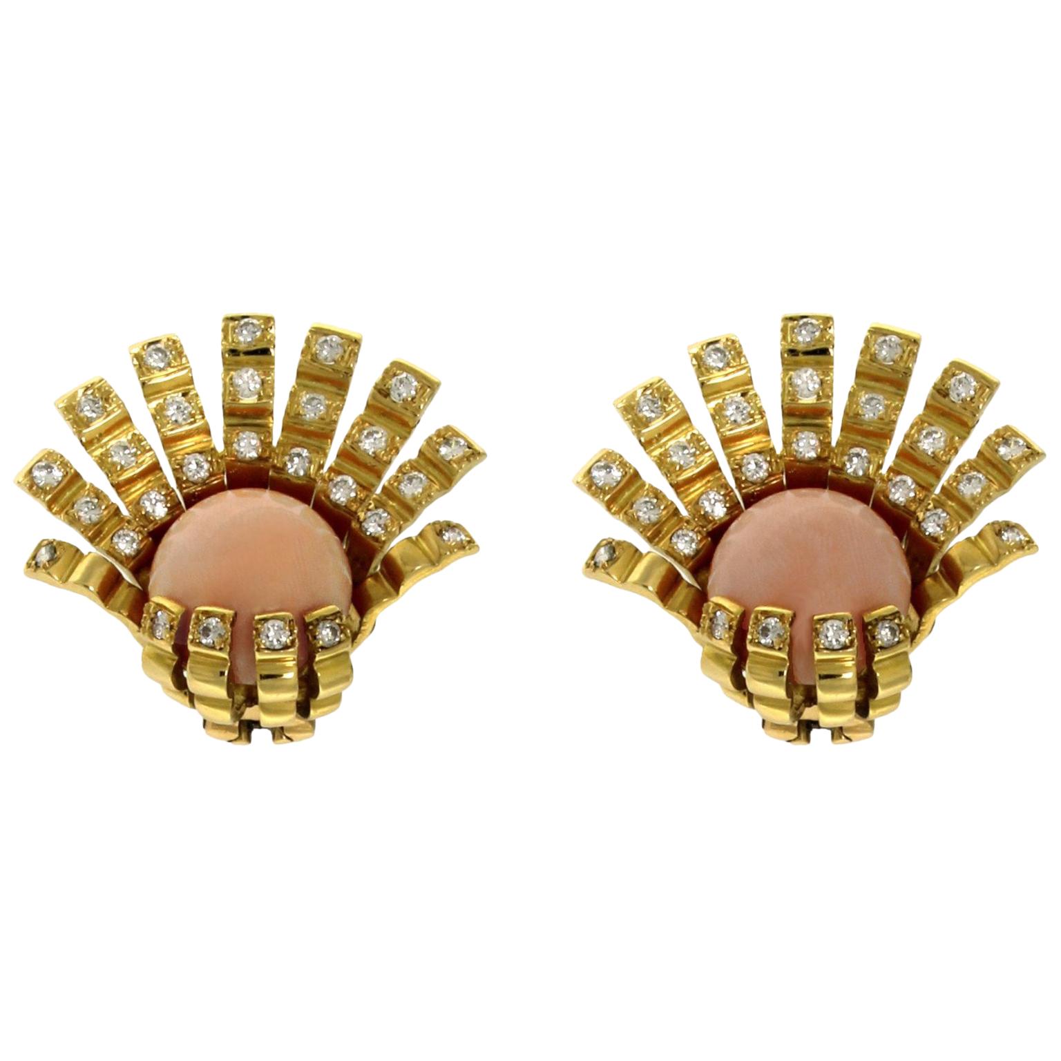 18 Karat Yellow Earrings with Diamonds and Angel Skin Coral For Sale