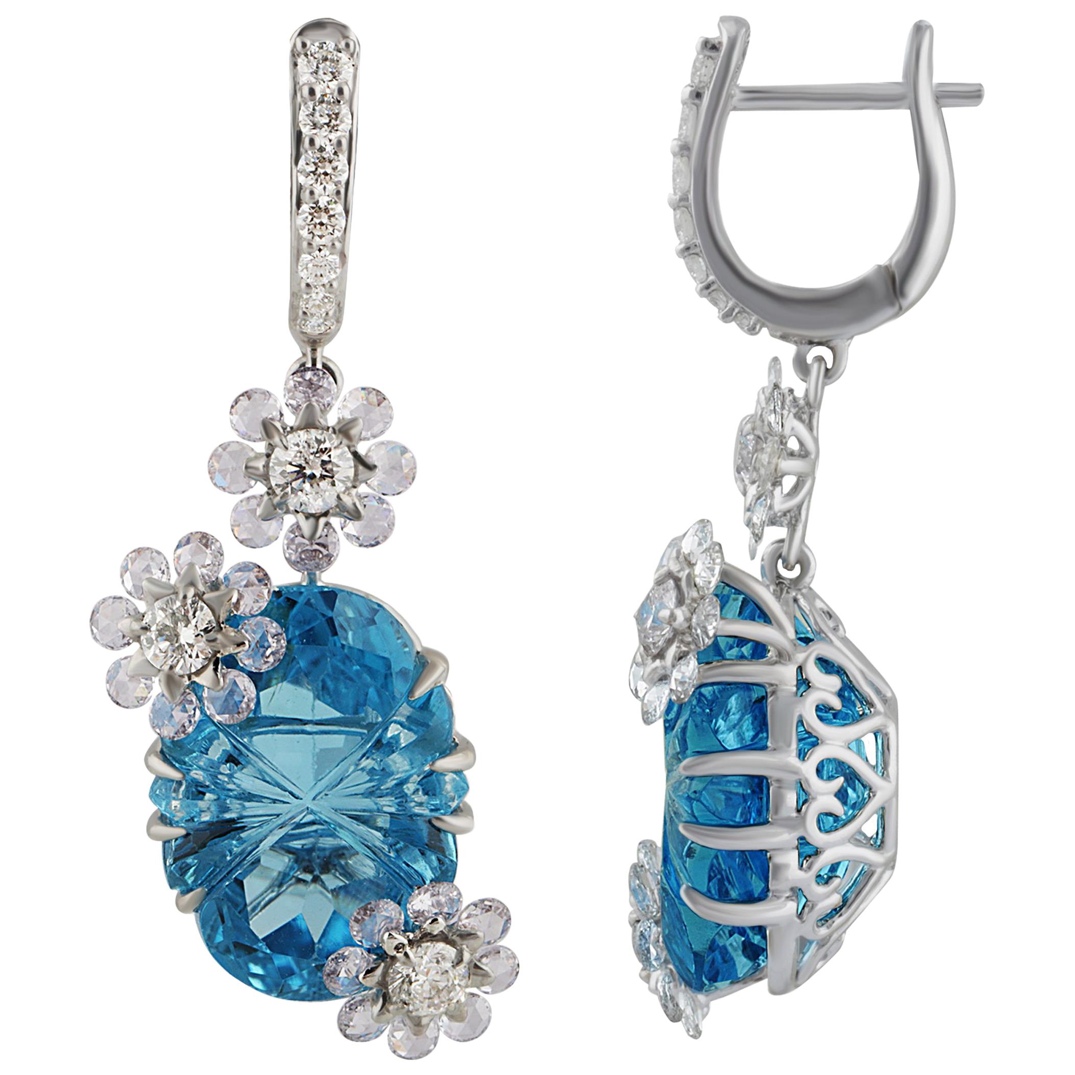 Studio Rêves Rose Cut and Carved Blue Topaz Floral Dangling Earrings in 18K Gold For Sale