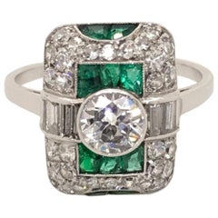 Vintage Art Deco Emerald and Diamond Platinum Ring