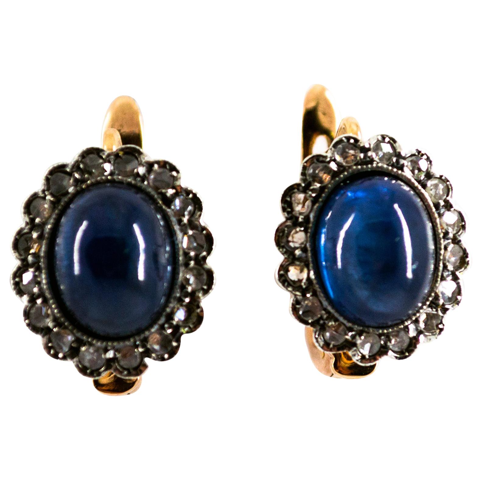 7.40 Carat Blue Sapphire White Rose Cut Diamond Yellow Gold Lever-Back Earrings