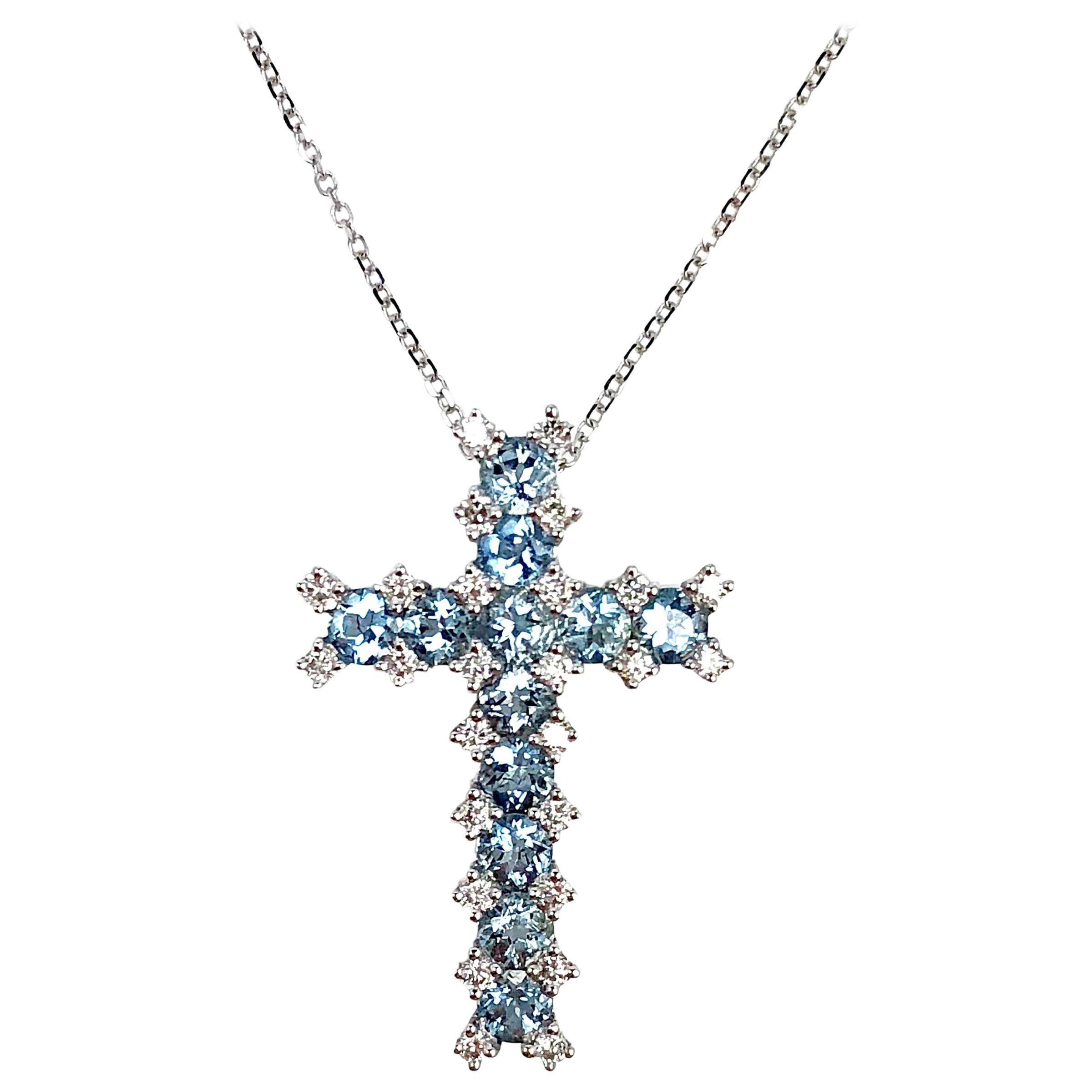 DiamondTown 1.22 Carat Aquamarine and Diamond Cross Pendant