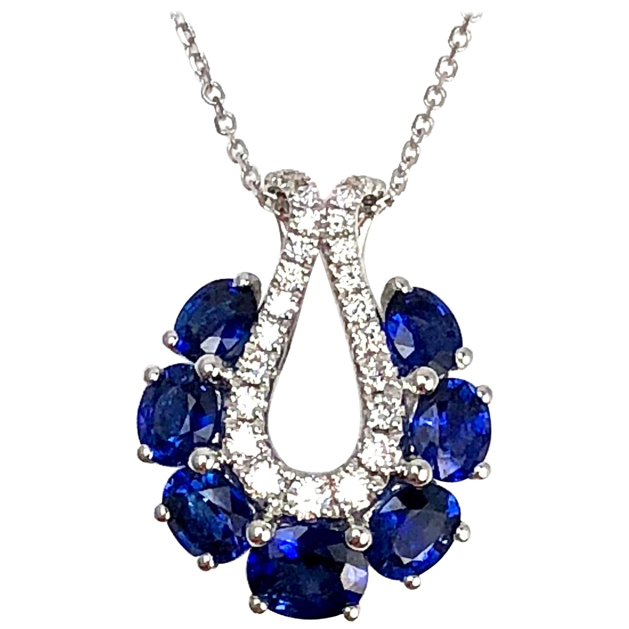 2.01 Carat Oval Cut Blue Sapphire and Diamond Pendant in 18 Karat White Gold