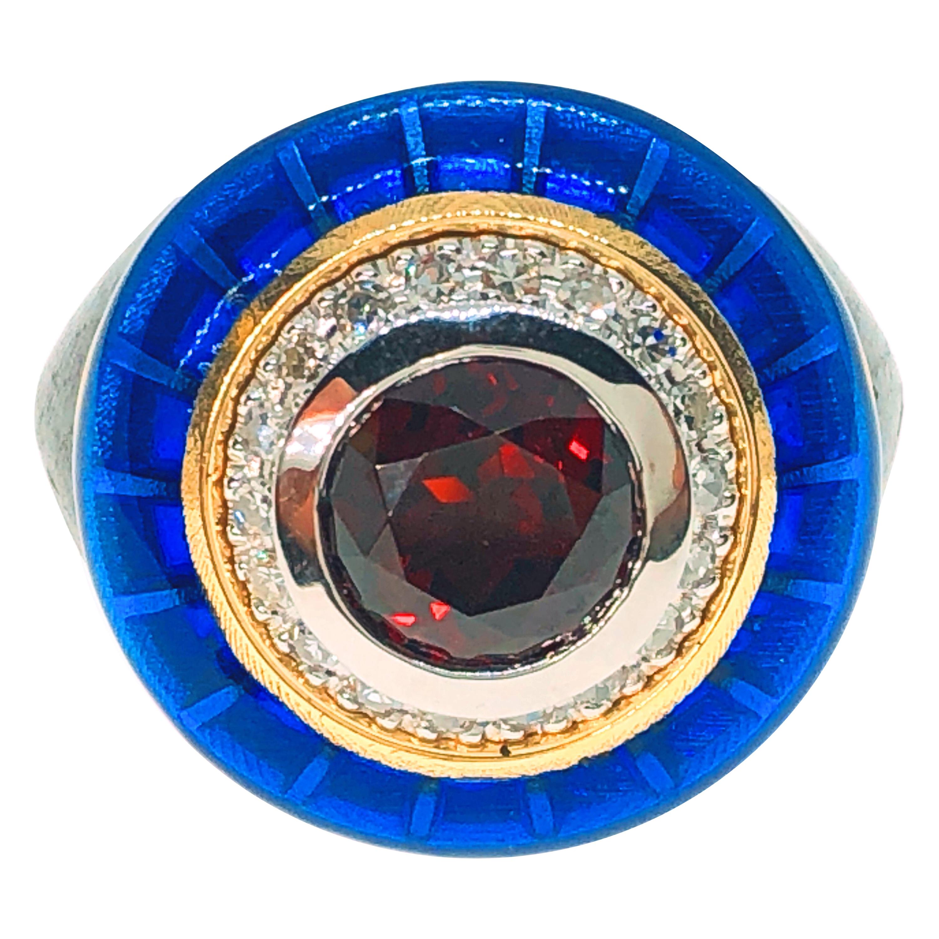Berca 2.65 Kt Red Garnet White Diamond Blue Enamel 18Kt Gold Brass Cocktail Ring