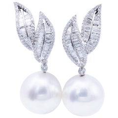 South Sea Pearl Diamond Baguette White Gold Dangle Drop Earrings