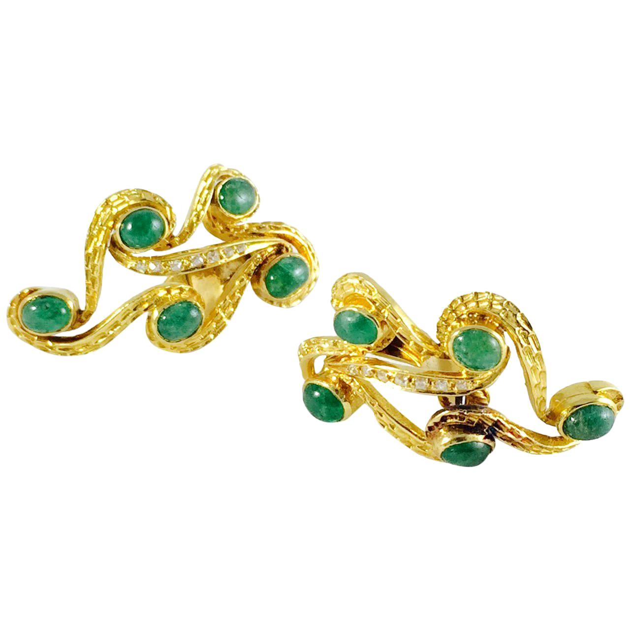 18 Karat Cabochon Emerald and Diamond Swirl Clip Earrings