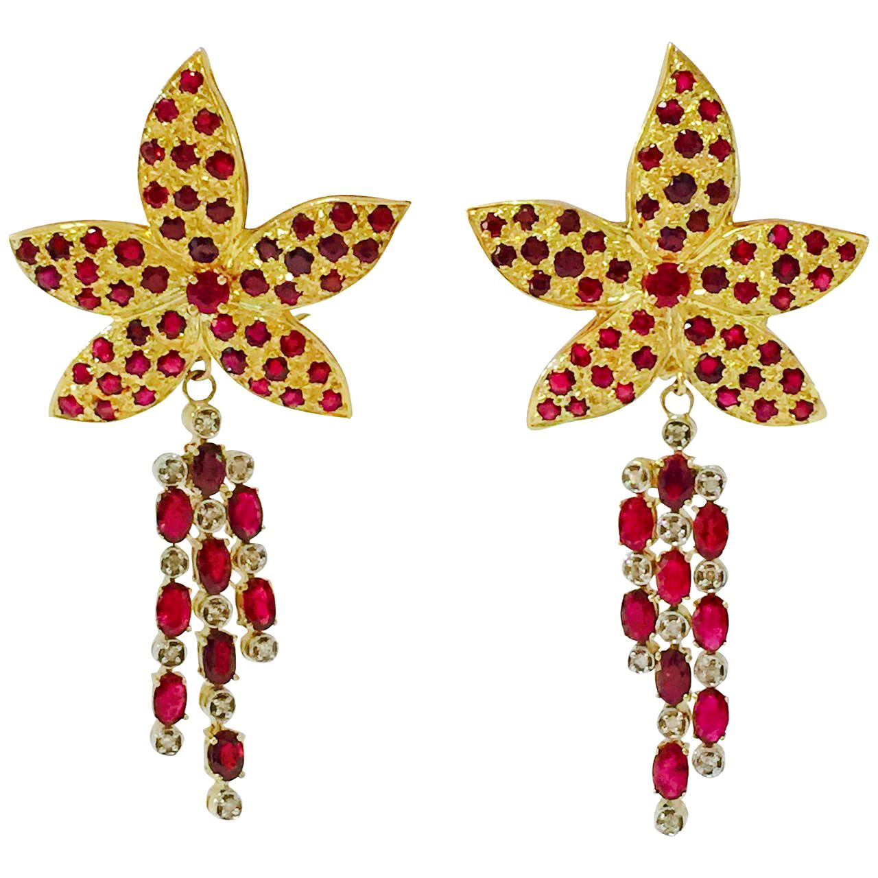 14 Karat Ruby Flower Earrings with Removable Ruby and Diamond Dangling Enhancers For Sale