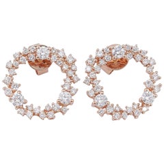 Diamond Hoop Stud Earrings 1.34 Carats 18K Rose Gold