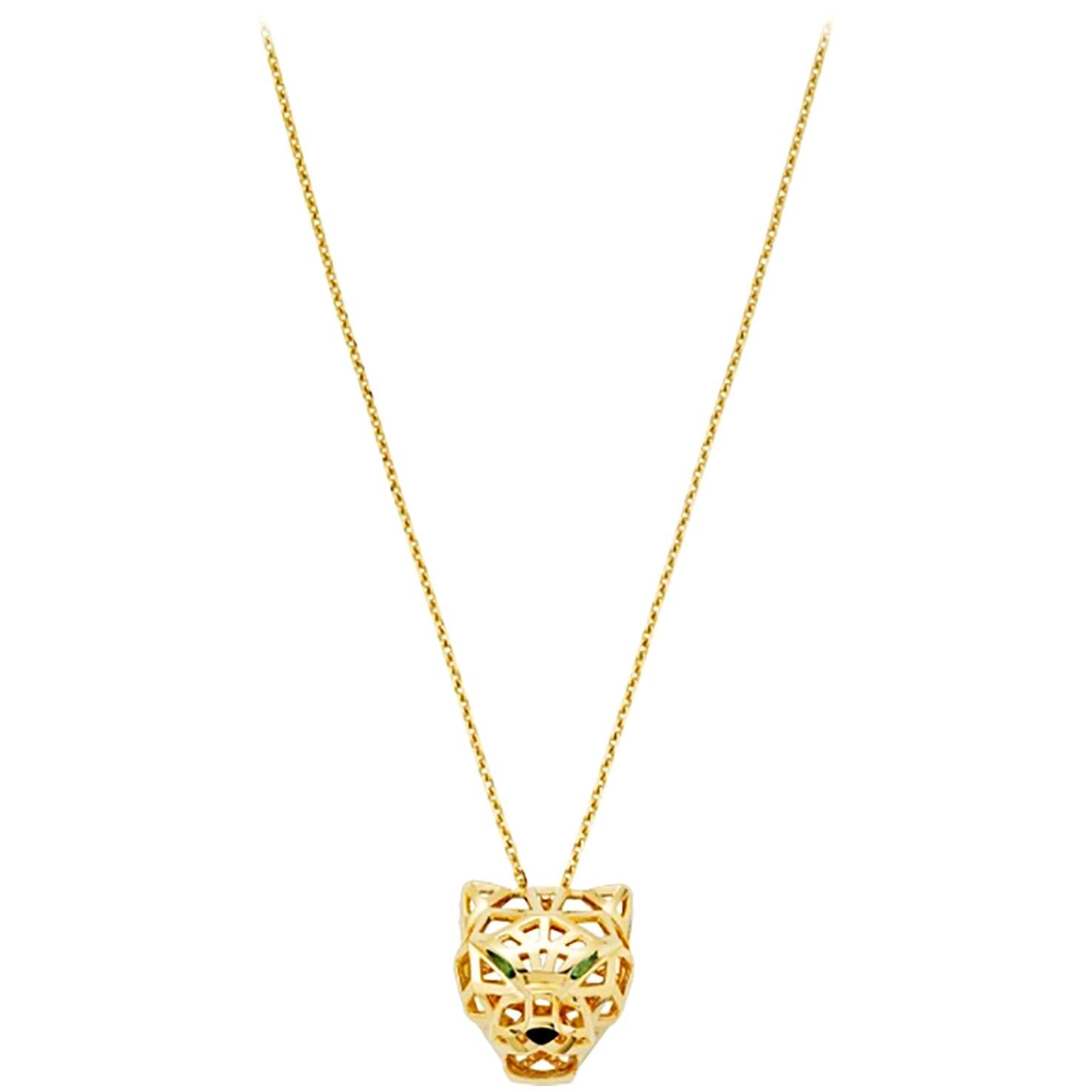 Cartier Panthère De Yellow Gold Tsavorite Garnets Onyx Necklace For Sale