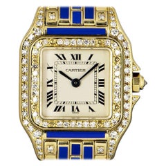Cartier Panthere Ladies Gold Silver Dial Blue Enamel and Diamond Set Wristwatch