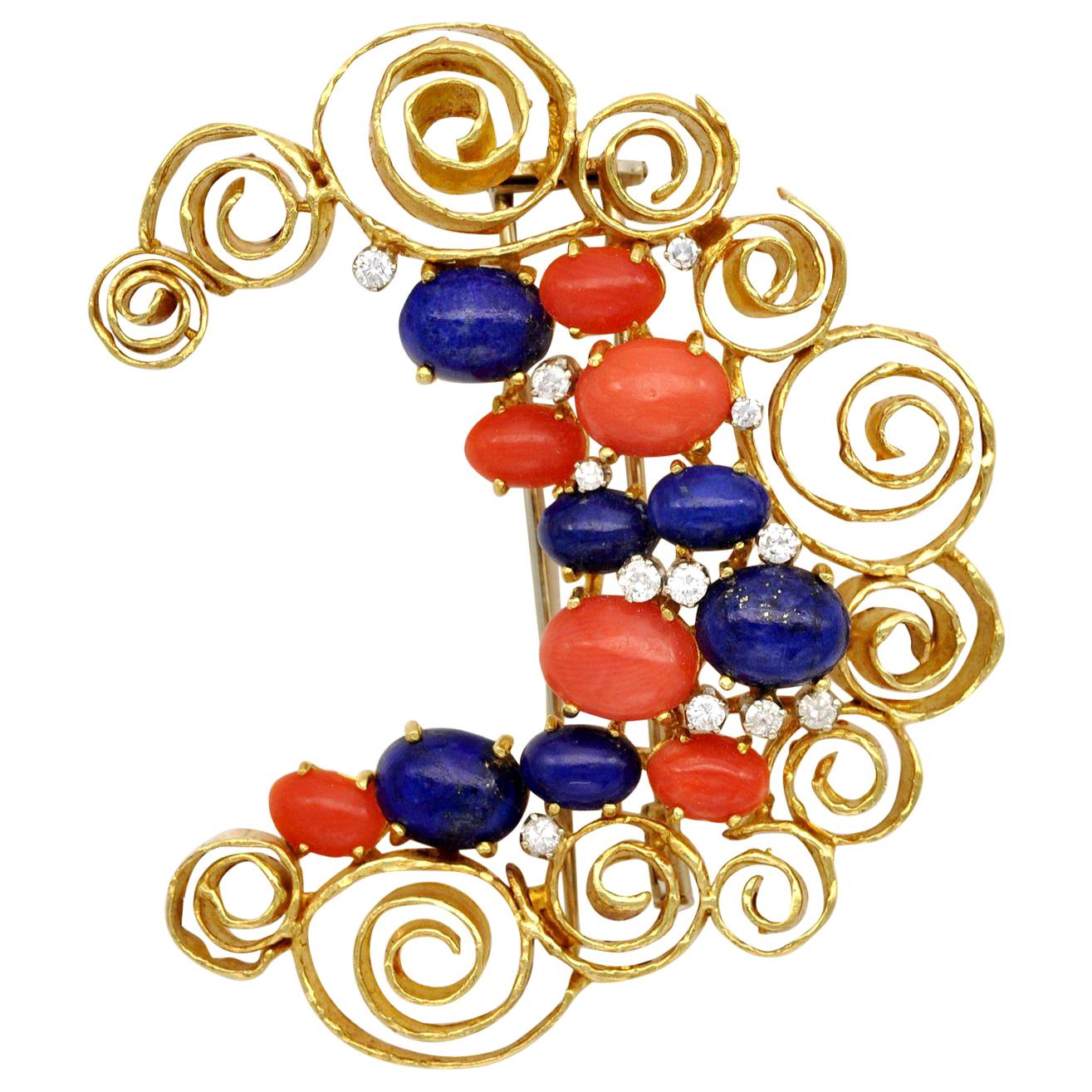 1970s Italian  Coral Lapis and Diamond 18 Karat Gold Crescent Brooch For Sale