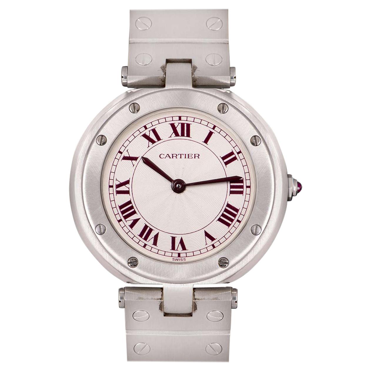 Cartier Santos Ronde Mid-Size Platinum Silver Guilloche Dial Quartz Wristwatch