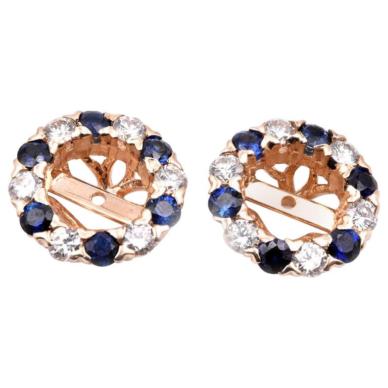 14 Karat Yellow Gold Diamond and Sapphire Earring Jackets For Sale at
