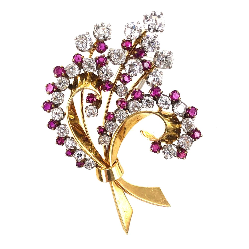 Ruby Diamond Gold Floral Brooch For Sale at 1stDibs