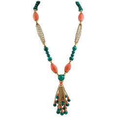 Cartier Coral, Malachite Tassel Gold Necklace