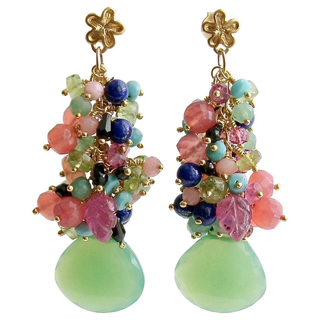 Chrysoprase Turquoise Peridot Lapis Spinel Pink Sapphire Leaves Cluster Earrings