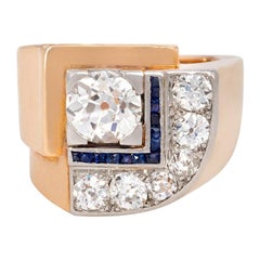 French Art Deco Gold, Diamond and Calibré Sapphire Ring of Geometric Motif