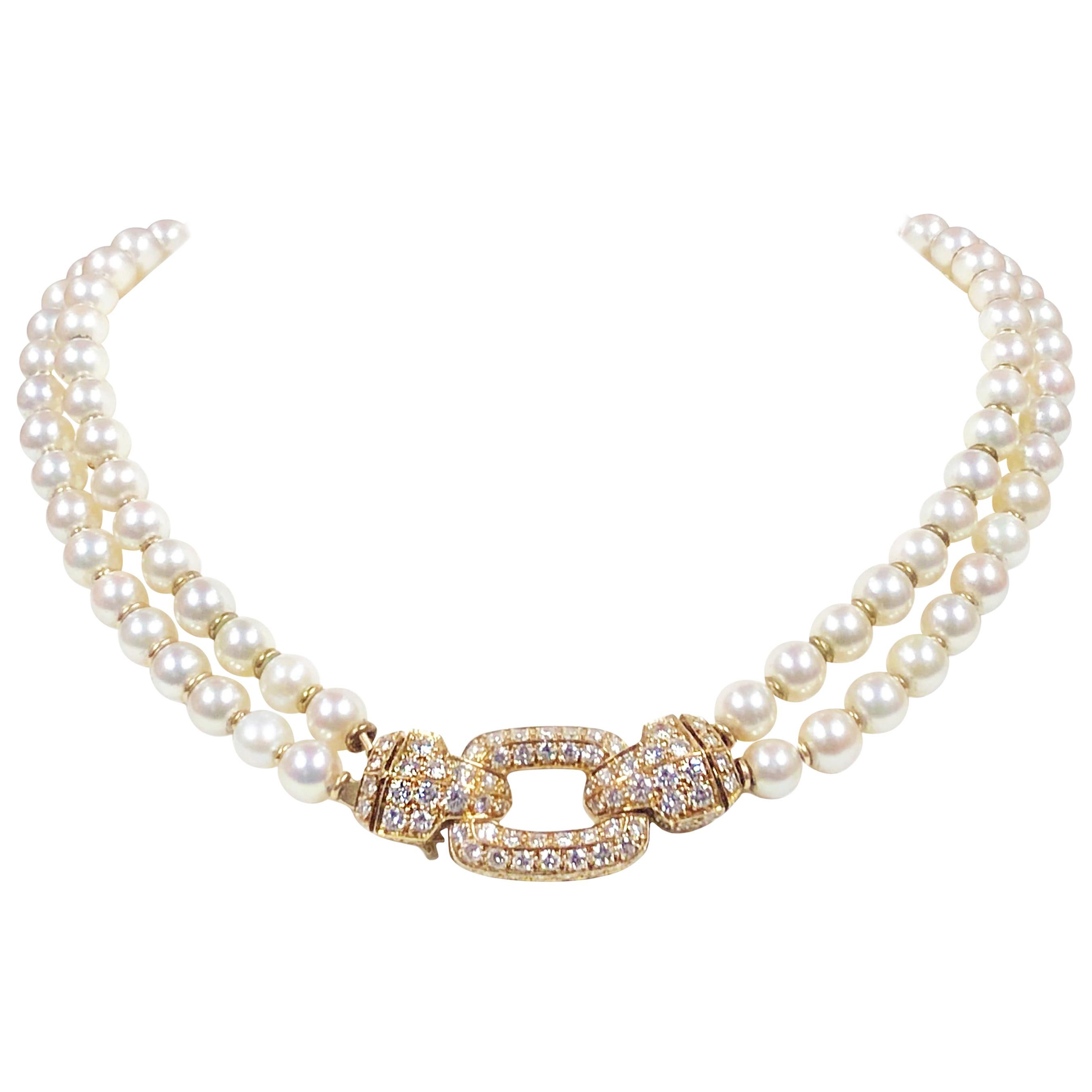 Cartier Yellow Gold Diamond and Double Strand Pearl Necklace