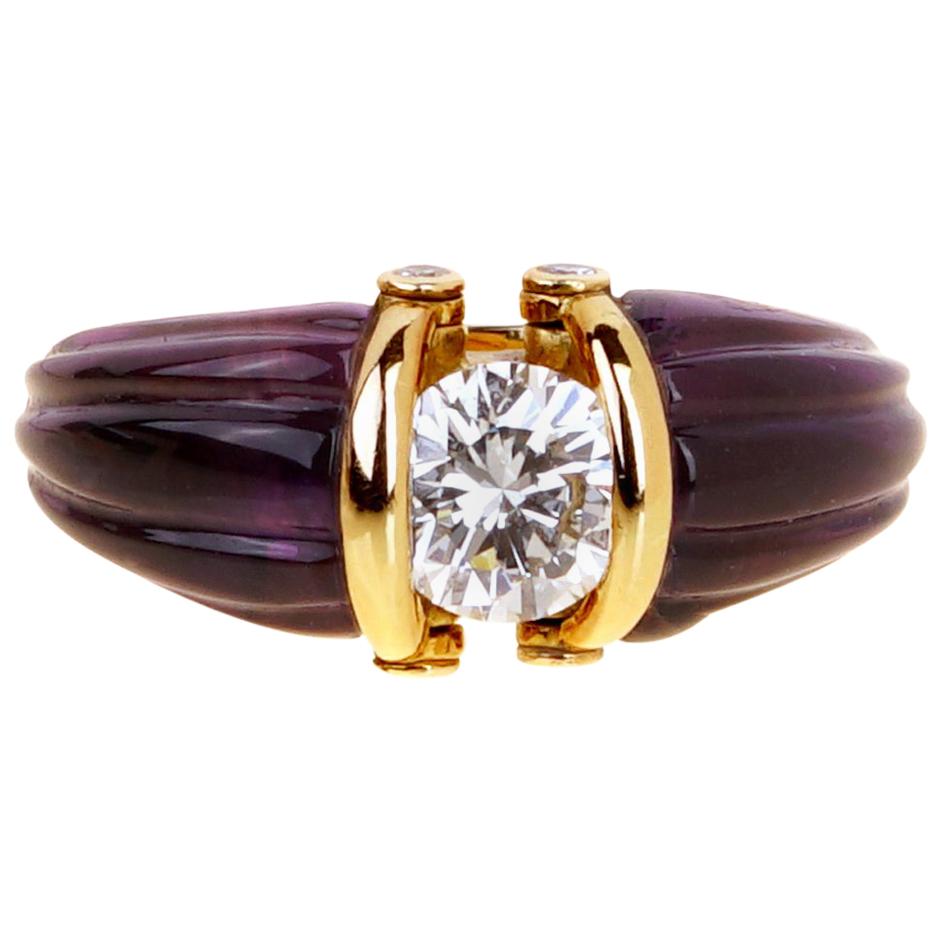 Christian Dior Carved Amethyst Diamond Solitaire Ring