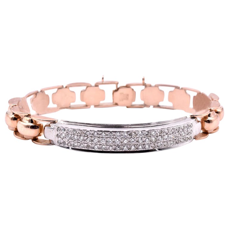 14 Karat Rose Gold Diamond ID Bracelet For Sale at 1stDibs