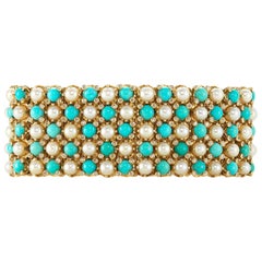 Retro French Turquoise Pearl Diamond Yellow Gold Gate Bracelet
