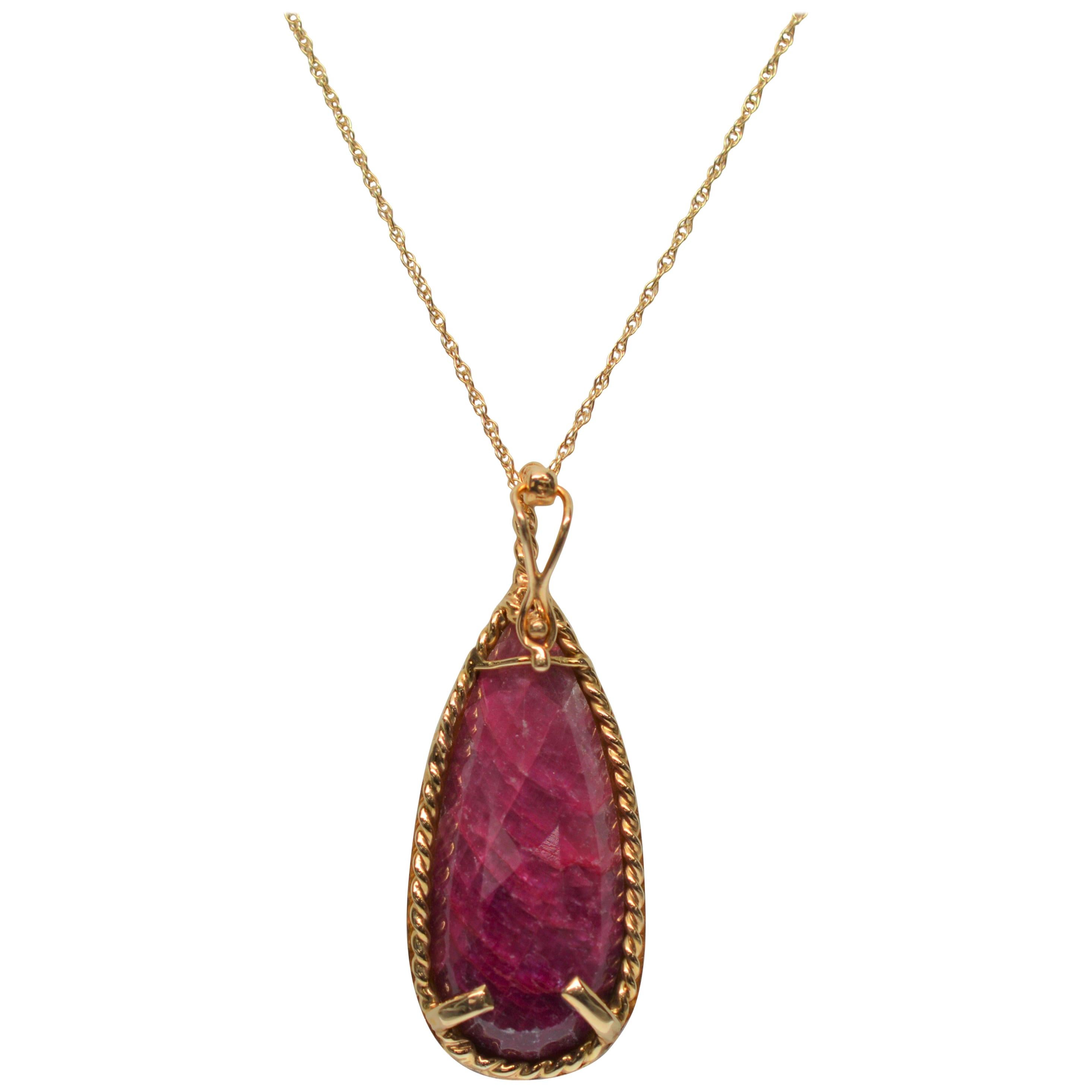 60 Carat Natural Ruby Pendant on 14K Yellow Gold Necklace 