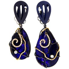 Orsa Maggiore 18 Karat Gold Diamonds Blue Boulder Opal Titanium Pendant Earrings