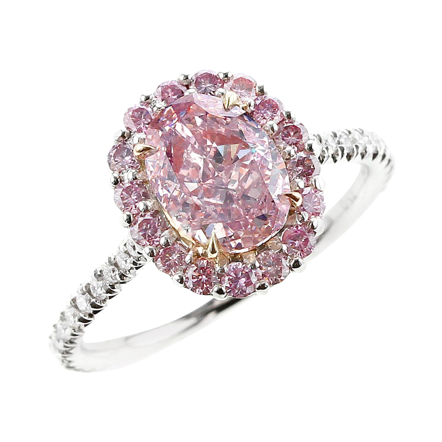 GIA Certified Natural 1 Carat Fancy Purplish Pink Diamond Halo Platinum Ring For Sale