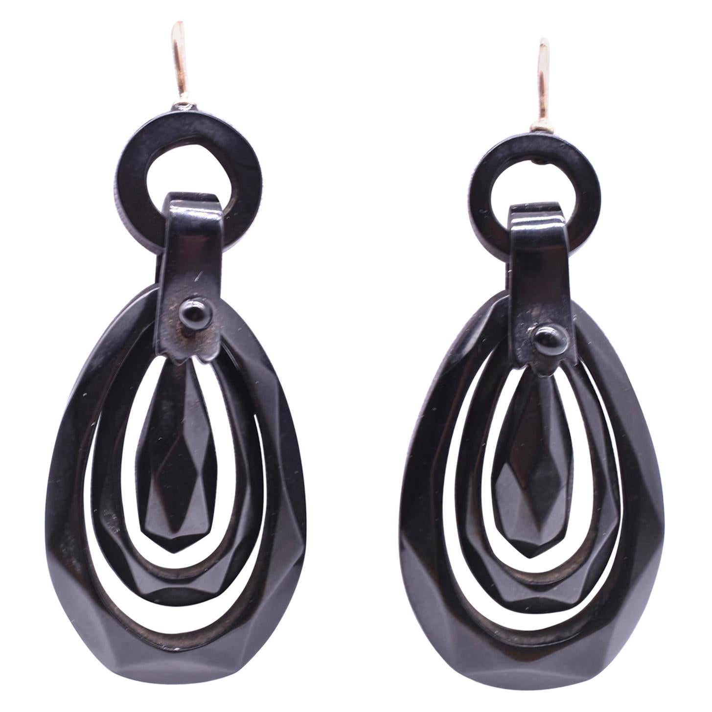 Whitby Jet Teardrop Shape Faceted Earrings, circa 1860 For Sale