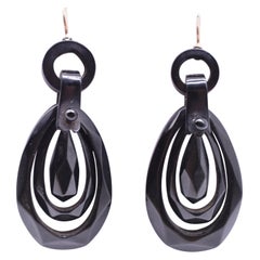 Antique Whitby Jet Teardrop Shape Faceted Earrings, circa 1860